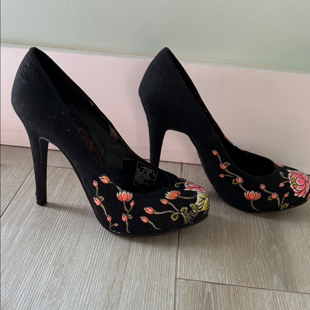 Ed Hardy Black Heels with Floral Accents